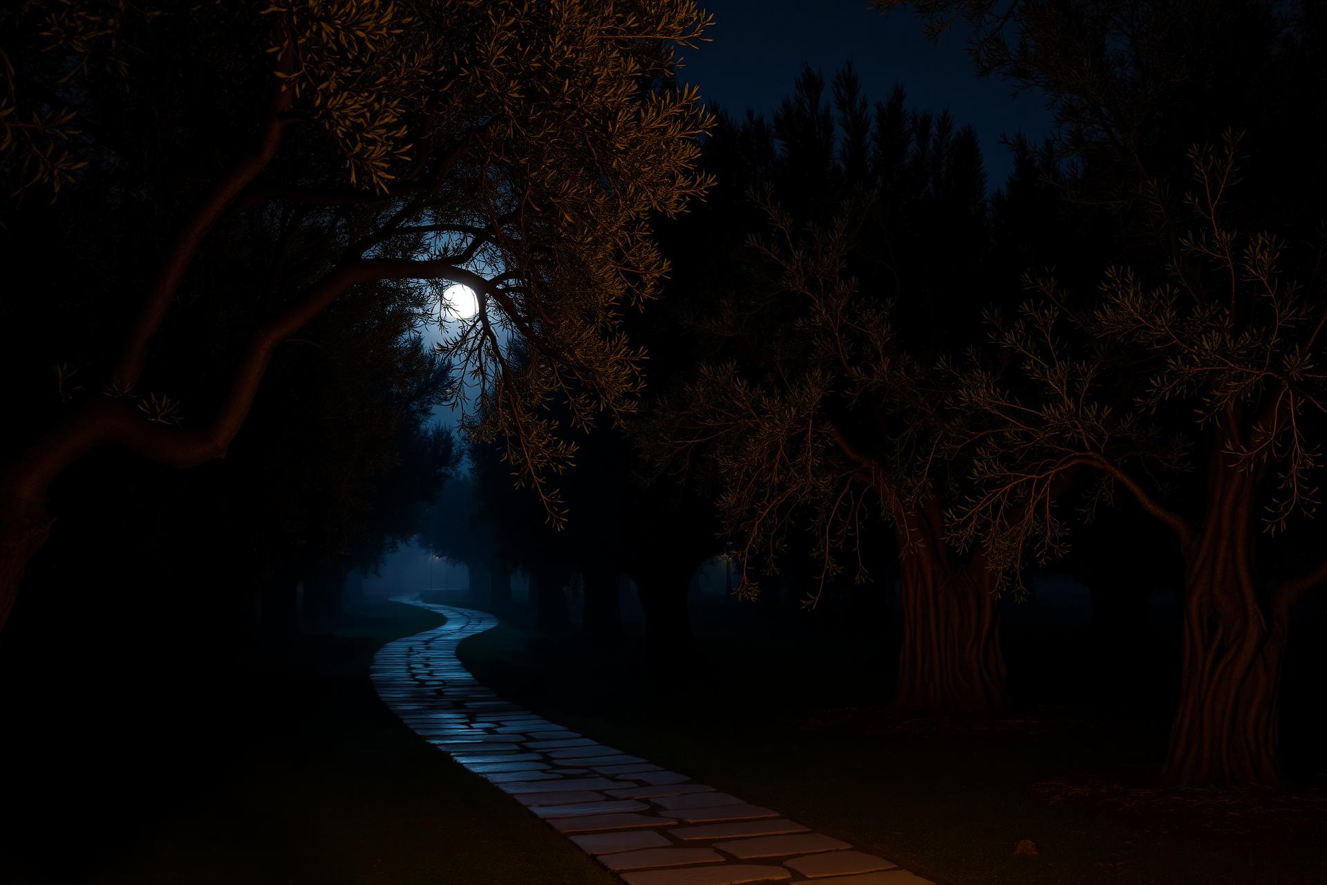 Moonlit path through the Garden of Gethsemane